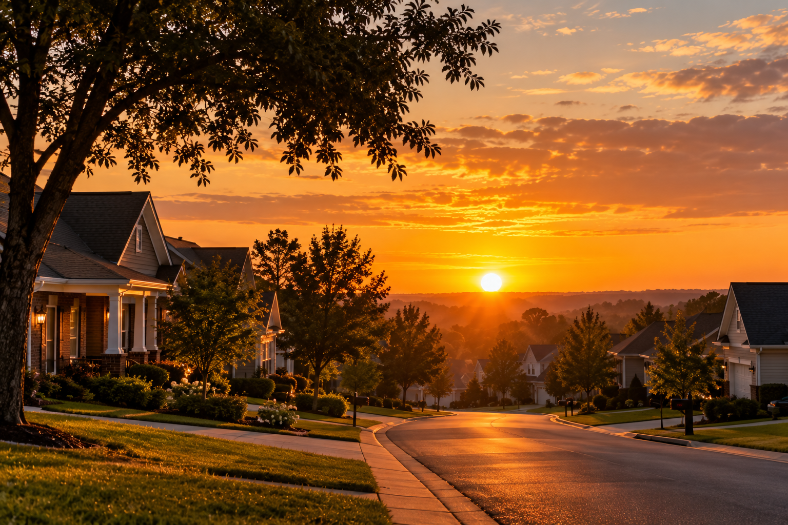 A quiet suburban neighborhood at sunset with houses, trees, and a curved street, illuminated by the warm glow of the setting sun.
