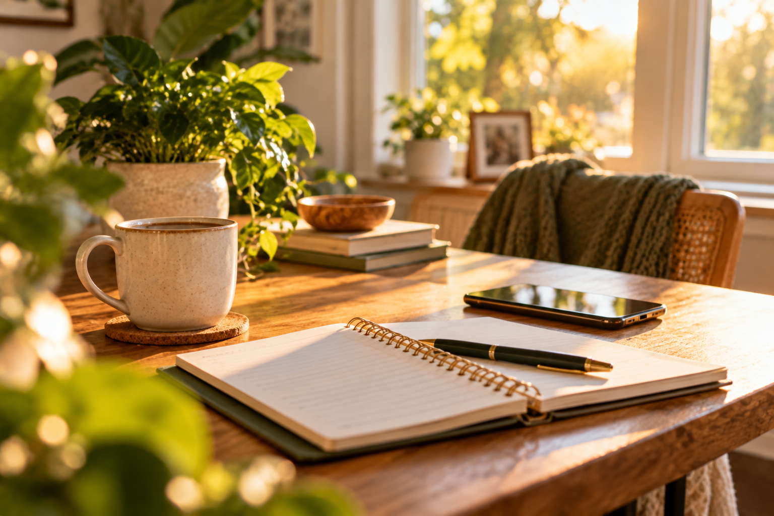 A cozy home office or dining area with a wooden table illuminated by warm sunlight. On the table are an open notebook with a pen, a smartphone, a mug on a cork coaster, a stack of books with a wooden bowl on top, and potted plants. A cozy blanket is draped over a chair in front of a window with trees outside.