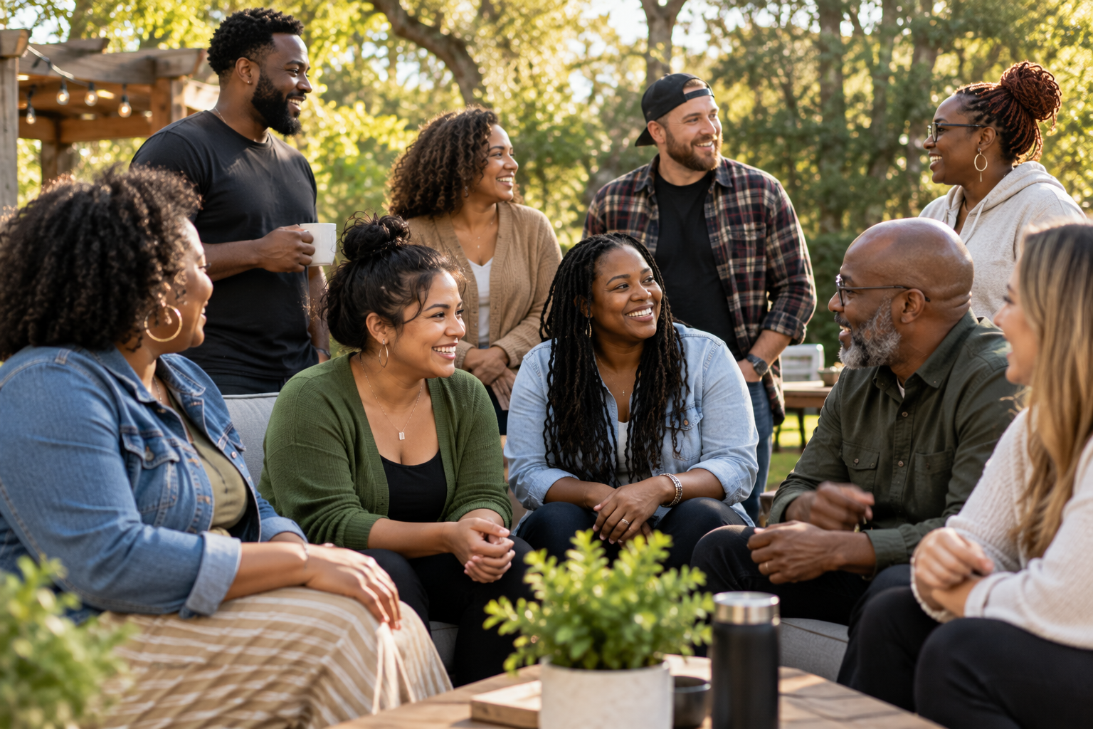 Group of friends enjoying outdoor gathering, sitting and standing in a circle, smiling and talking, with trees in the background