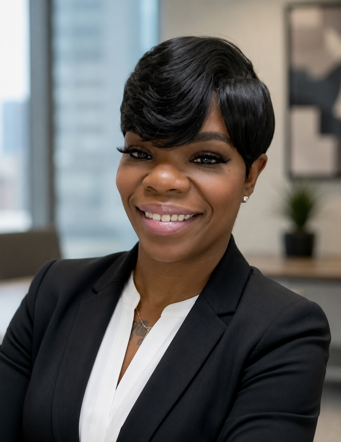 A portrait of a smiling Black woman with short black hair, wearing a black blazer and white blouse, sitting in an office setting.