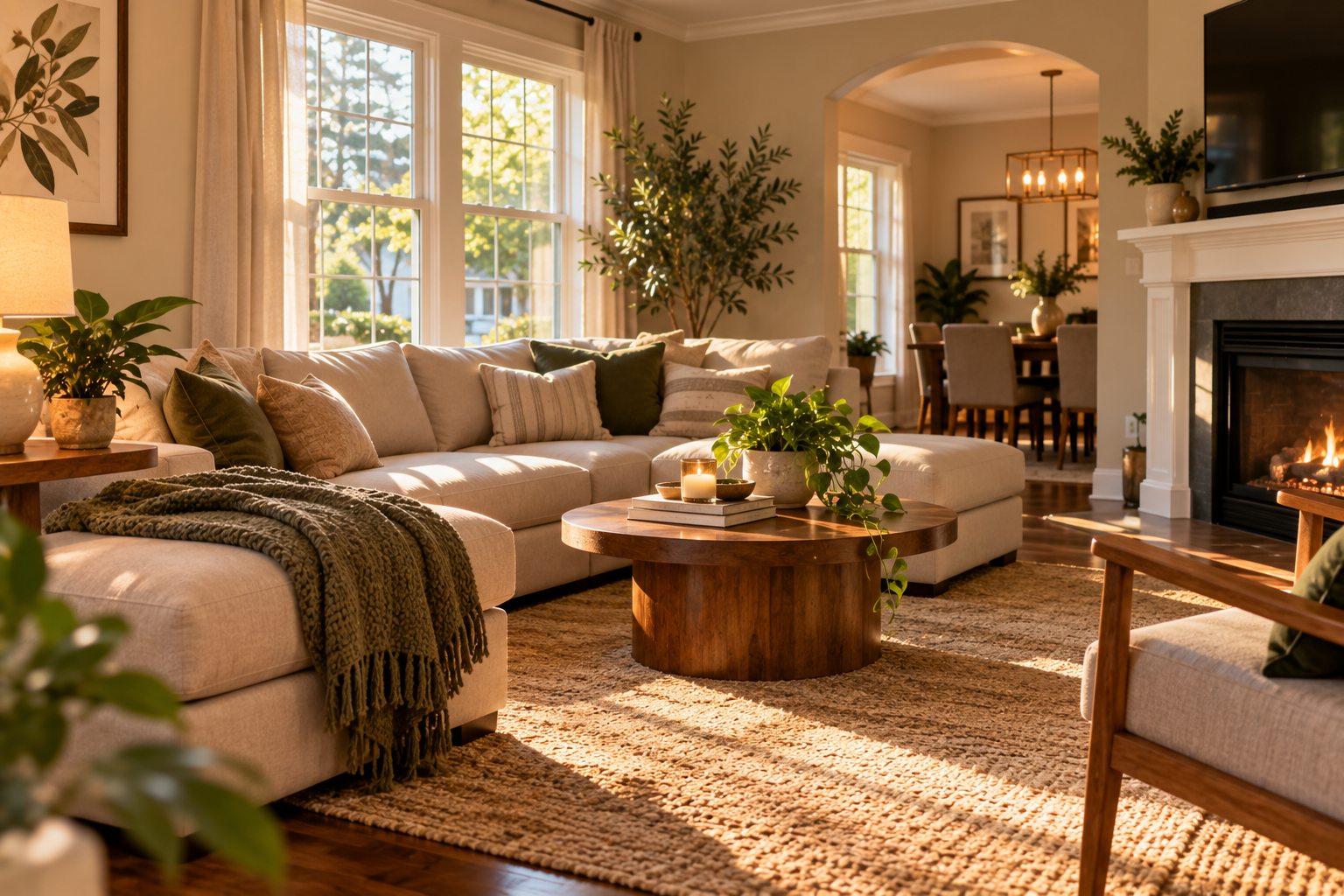 A cozy living room with a beige sectional sofa, green and beige throw pillows, a wooden coffee table with a plant, books, and a candle, a fireplace, and large windows allowing sunlight in, with a view of trees outside.