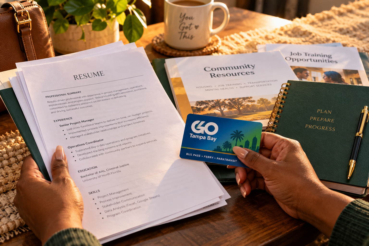 Person holding a Tampa Bay bus pass and a resume at a desk with community resources, job training, and planning notebooks, along with a coffee mug, plant, and a brown purse.