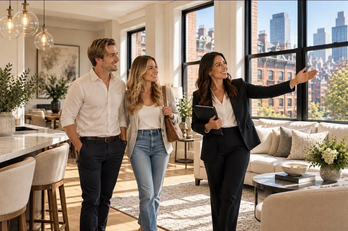 Licensed real estate professional showing a residential rental property to prospective tenants.