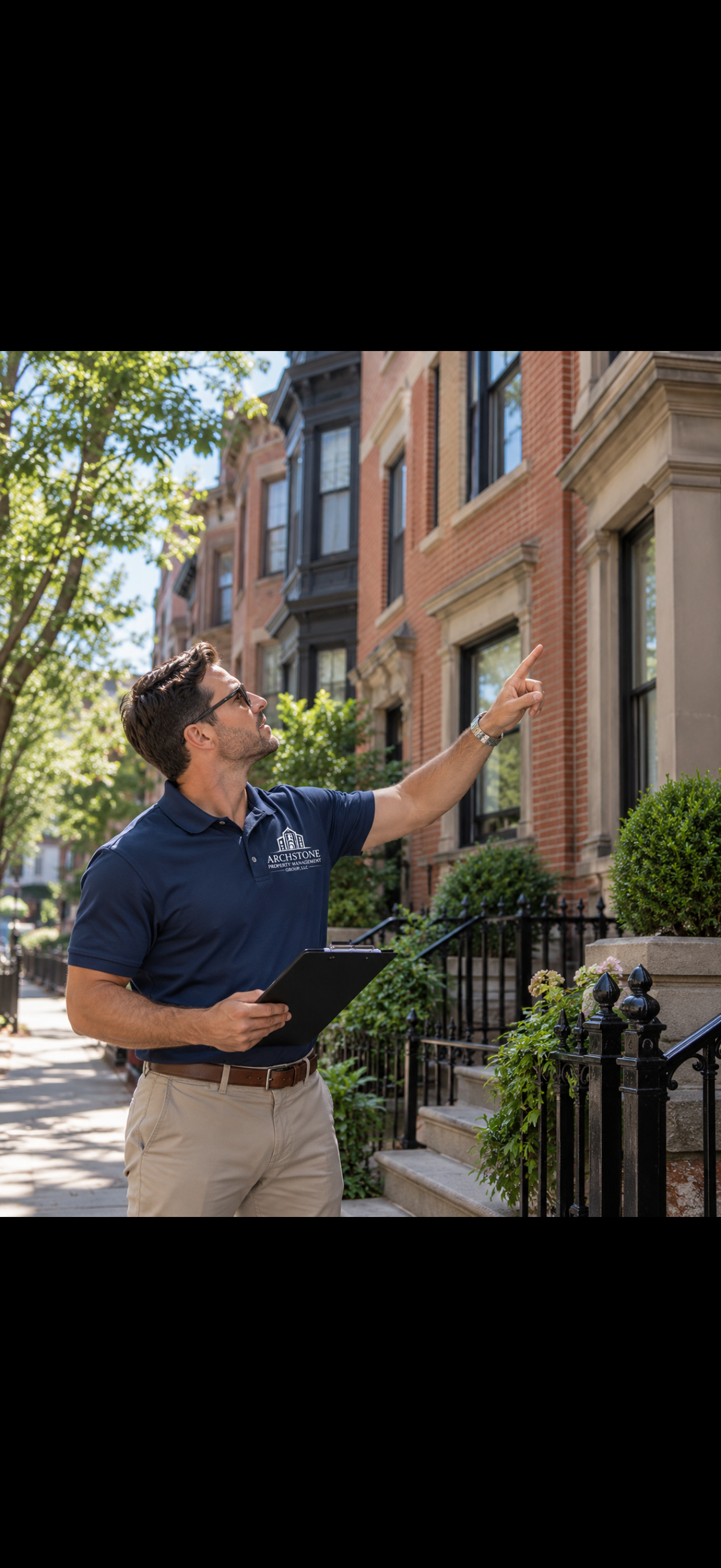 Property management professional inspecting residential properties in a tree-lined Massachusetts neighborhood.