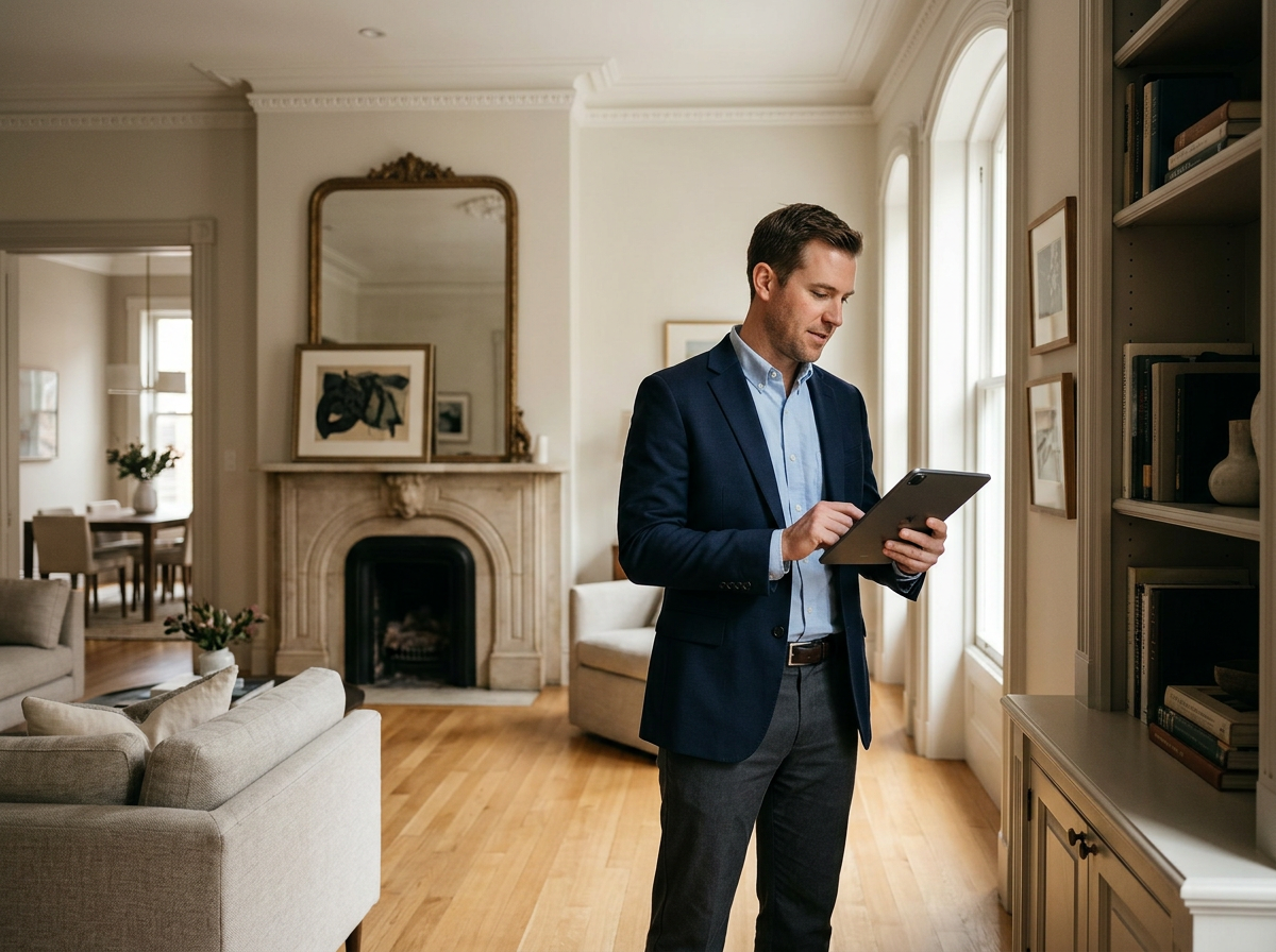 Property management professional reviewing property information on a tablet in a residential interior.