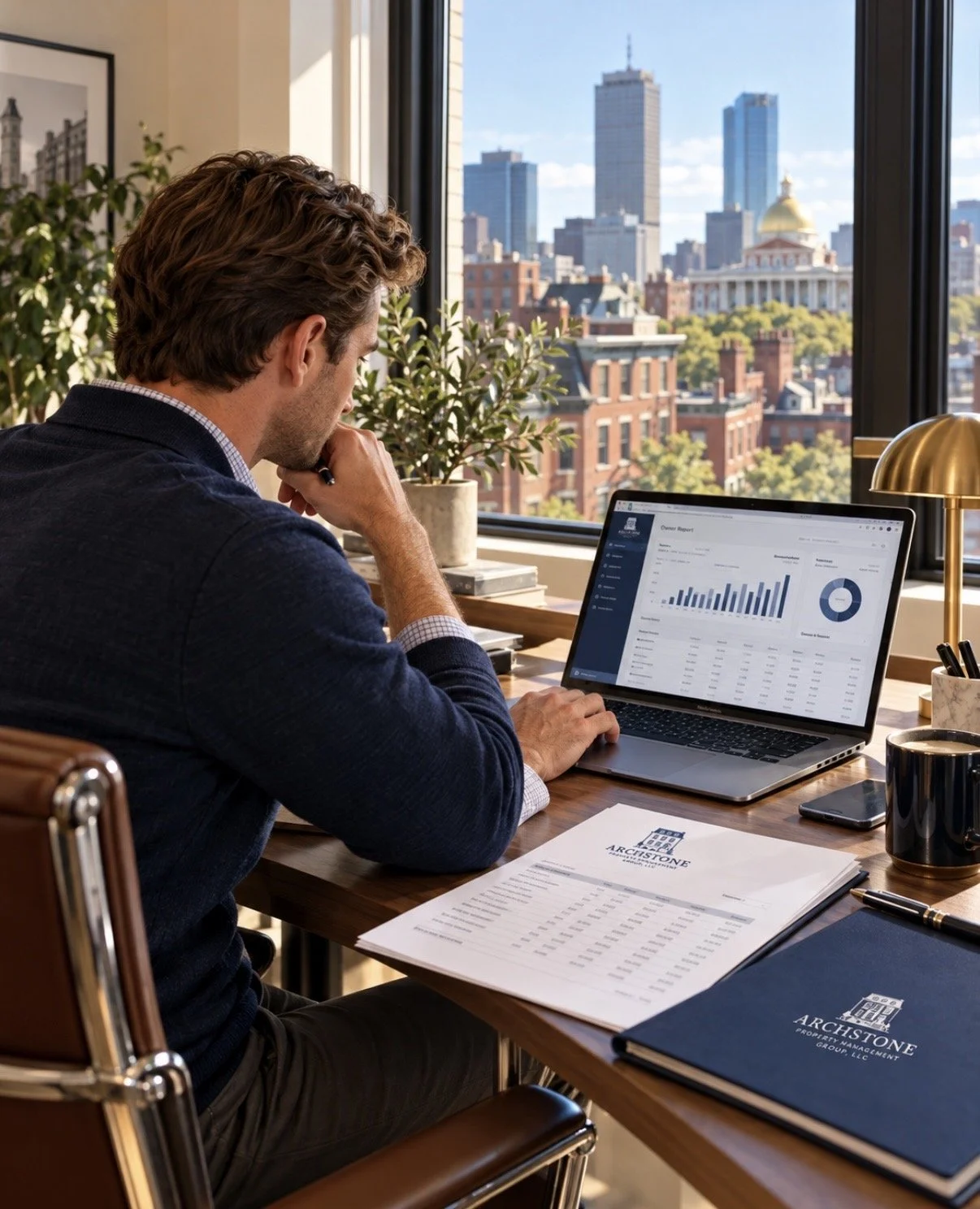 Property management professional reviewing financial reports and property performance from an office.