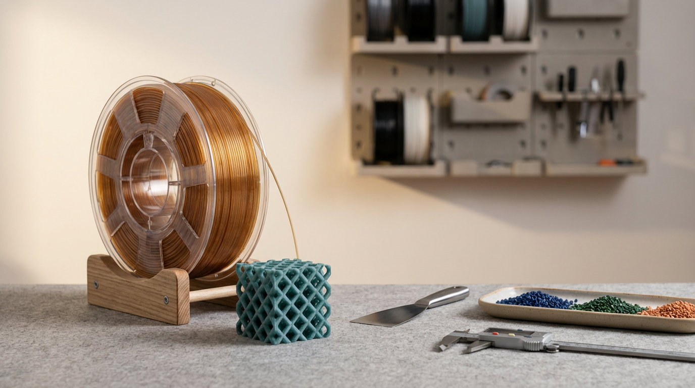 Resma de filamento de color cobre, dispositivo de medición con escala y herramientas de precisión sobre una mesa de trabajo, con un almacenamiento de carretes de filamento en el fondo.