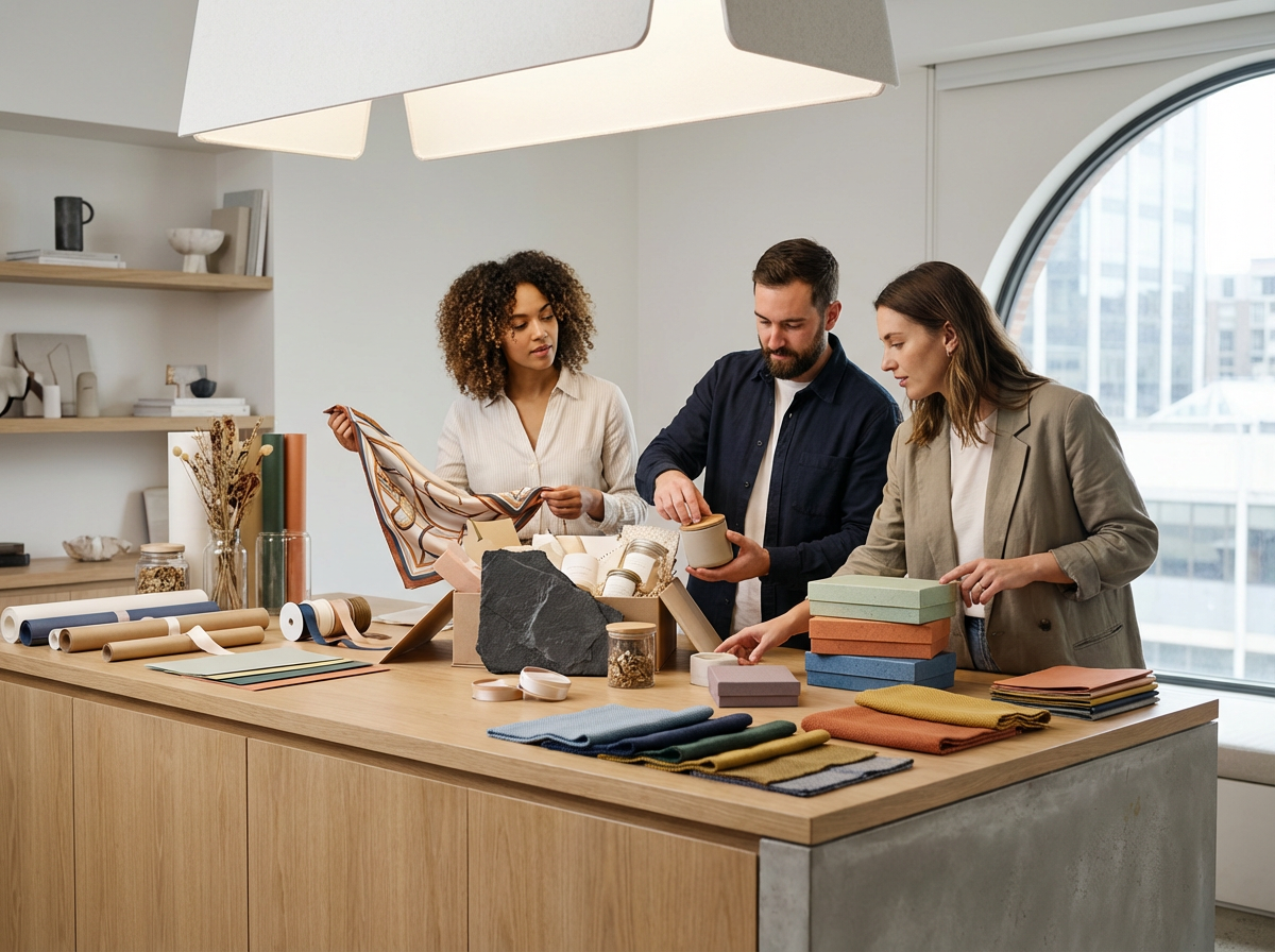 Tres personas en una mesa de trabajo revisando muestras de tela y objetos decorativos en un ambiente de oficina moderna con ventanas grandes.