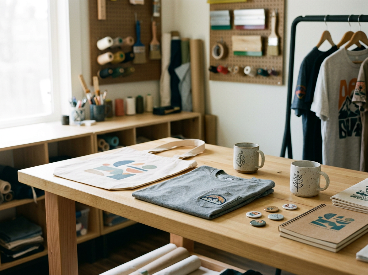 Mesa de trabajo con bolsas, camisas, tazas, botones y libretas en un taller de diseño de ropa.
