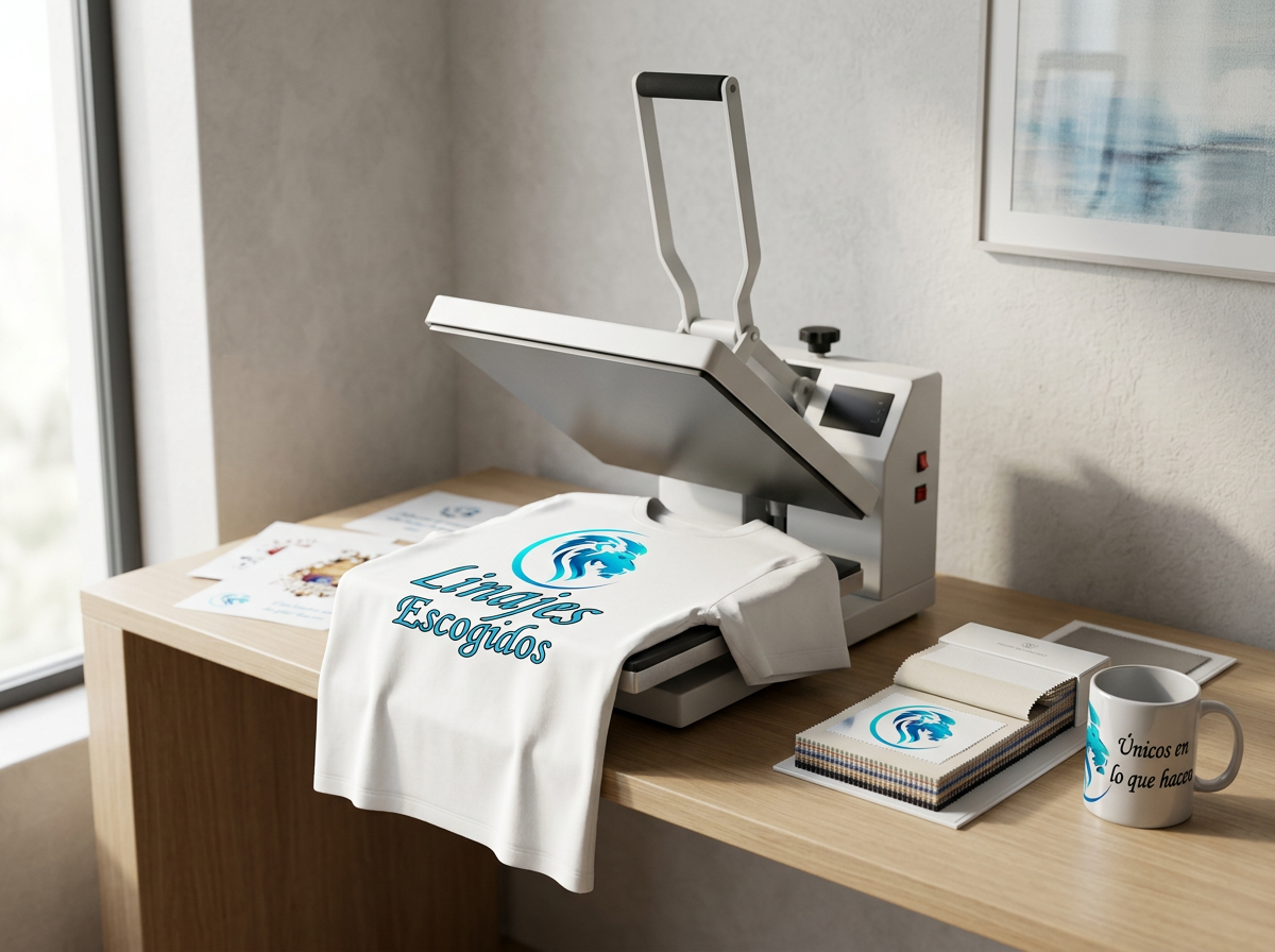 una máquina de sublimación en una mesa con una camiseta de color blanca que tiene el logotipo y texto 'Unías Escogidos', una taza con el mismo logo y frase, y muestras de colores.