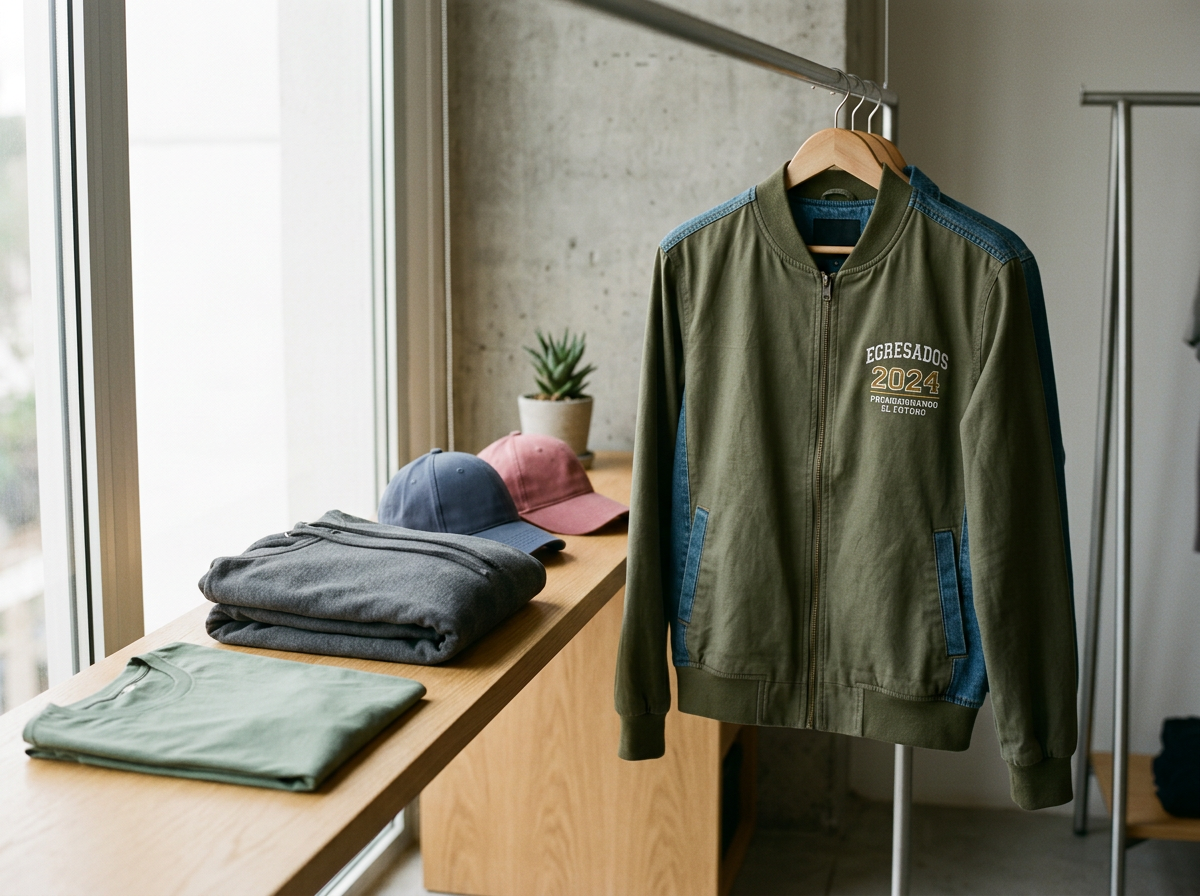 Chaqueta verde y con detalles en azul, con la leyenda 'Egresados 2024, Práctico Ganado El Goto'. Dispuesta en percha, acompañada por gorras, ropa doblada y una planta en una mesa junto a una ventana.