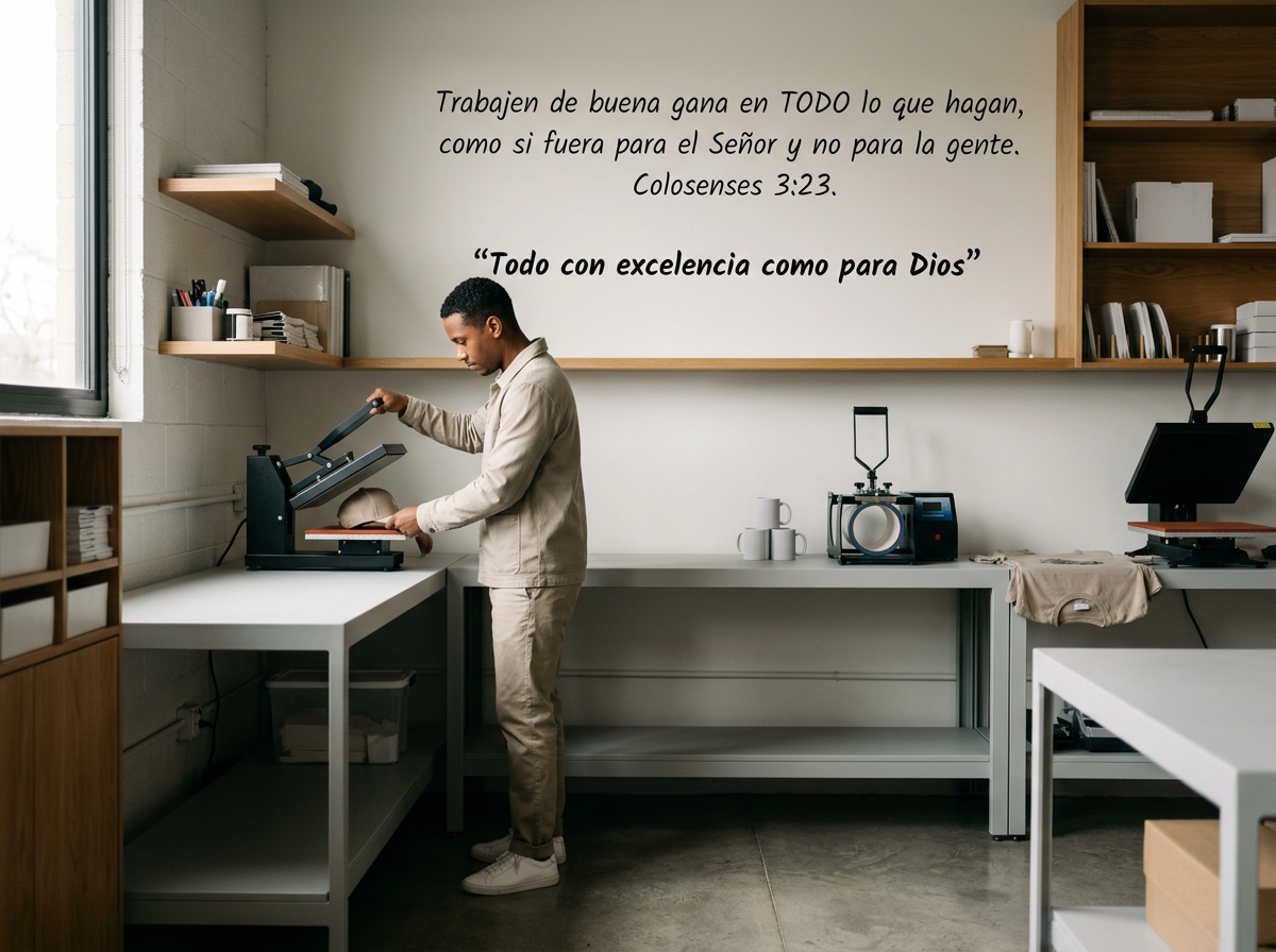 Hombre trabajando en una máquina en una oficina. En la pared, un poema bíblico sobre la excelencia y el trabajo para Dios.