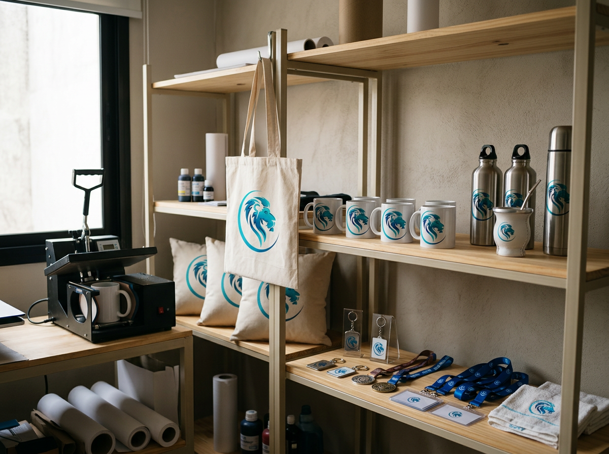 Estantes con artículos promocionales, como tazas, termos, camisetas, medallas y galletas, con un logotipo de un león en tonos azules para un evento o negocio.