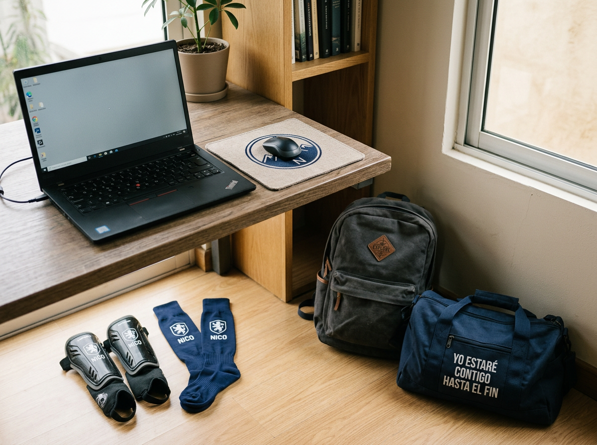 Un escritorio con una laptop, un mouse, un tapete con logo, una planta en maceta, y una estantería con libros, junto a una ventana. En el suelo hay dos bolsas, una mochila gris y una bolsa azul con la frase 'Yo estaré contigo hasta el fin', y unos guantes y calcetas deportivos.