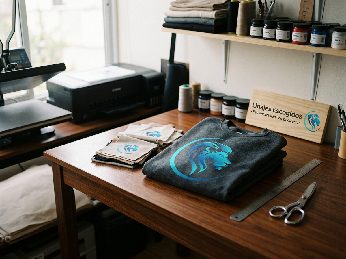 Mesa de trabajo con camisetas negras con logo de un león en tonos azules, tijeras, regla, telas de colores, y frascos de tinta y materiales para personalización. Estante con tintes y tela. Cartel que dice "Linajes Escogidos - Personalización con Dedicación".