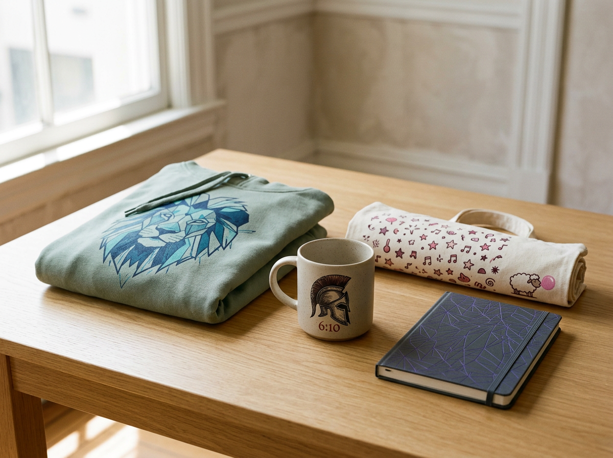 Varios objetos sobre una mesa de madera junto a una ventana: una sudadera con un diseño de un león, una taza con un casco griego y la hora 6:10, un cuaderno con diseño abstracto en azul y una bolsa de tela con dibujos de música y oveja con burbuja de chicle.