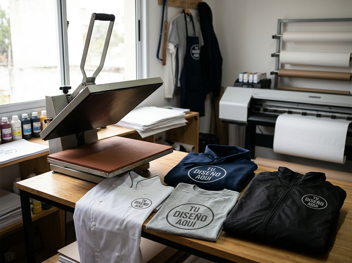 Mesa de taller con prendas de ropa personalizables, incluyendo una chaqueta negra, camiseta gris, sudadera azul y vestimenta blanca con etiquetas que dicen 'TU DISEÑO AQUÍ'. En el fondo, impresora de gran formato y otros materiales de impresión en un espacio de trabajo creativo.