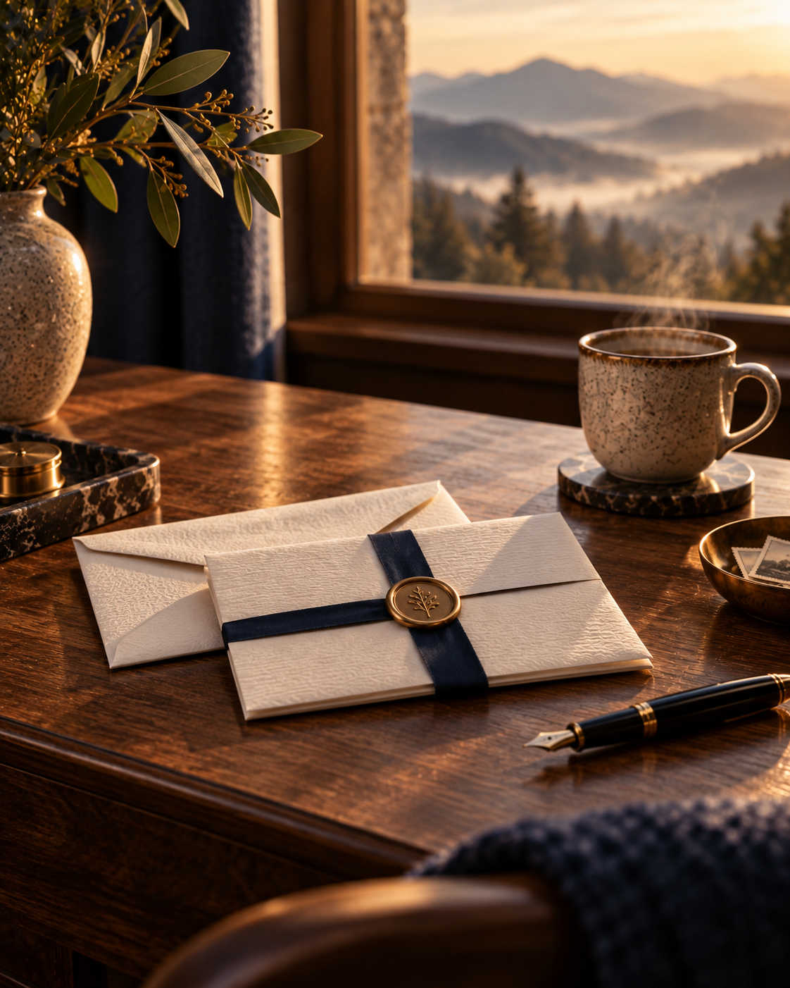 An elegant folded letter and envelope tied with navy ribbon on a warm wooden table beside a mountain window, with a ceramic cup and soft morning light