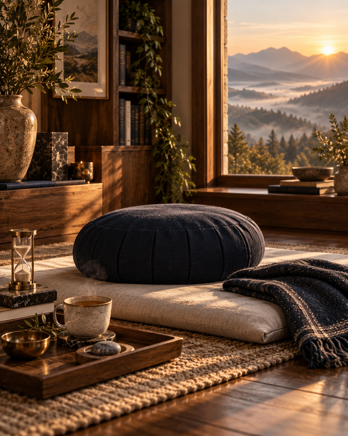 A deep navy meditation cushion in a warm contemplative room, with a ceramic cup and hourglass beside a window overlooking misty mountains in soft morning light.