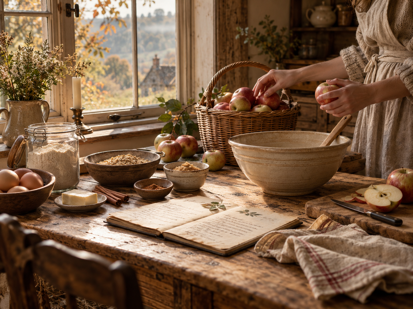 Warm autumn cottage kitchen scene with apples, a mixing bowl, wooden spoon, linen cloth, and recipe notes arranged on a rustic table beside a softly lit window.