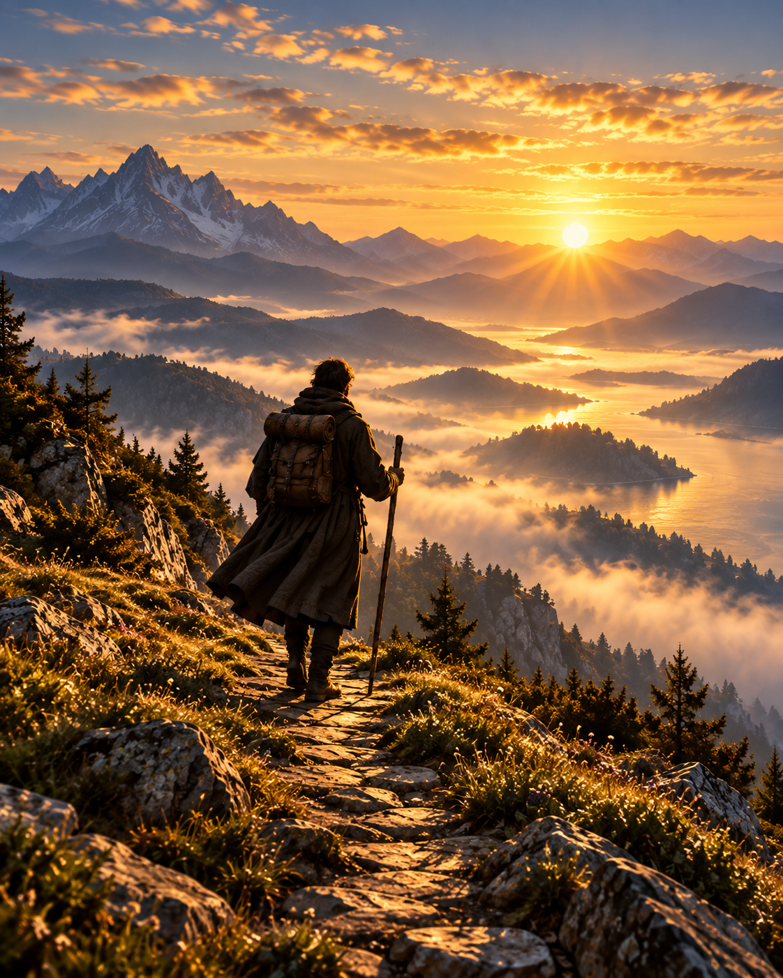 A solitary pilgrim walking along a mountain path at sunrise, overlooking mist-filled valleys and distant peaks.