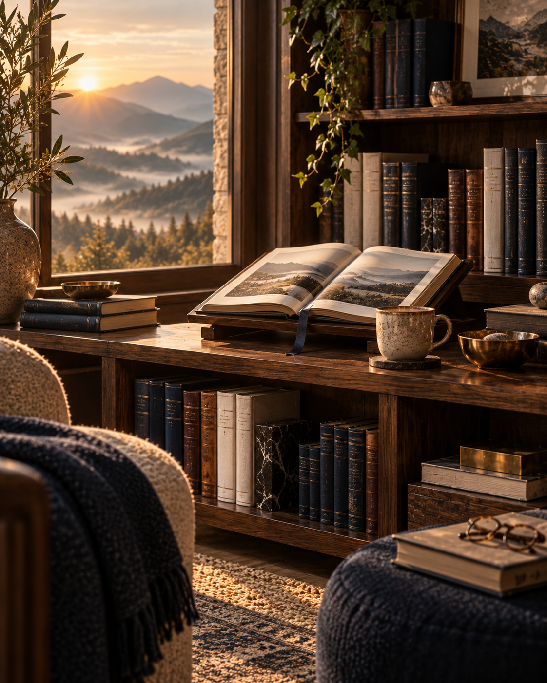 A refined private library overlooking misty mountains, with carefully arranged bound books, an open volume, a ceramic cup, and reading glasses in warm morning light.