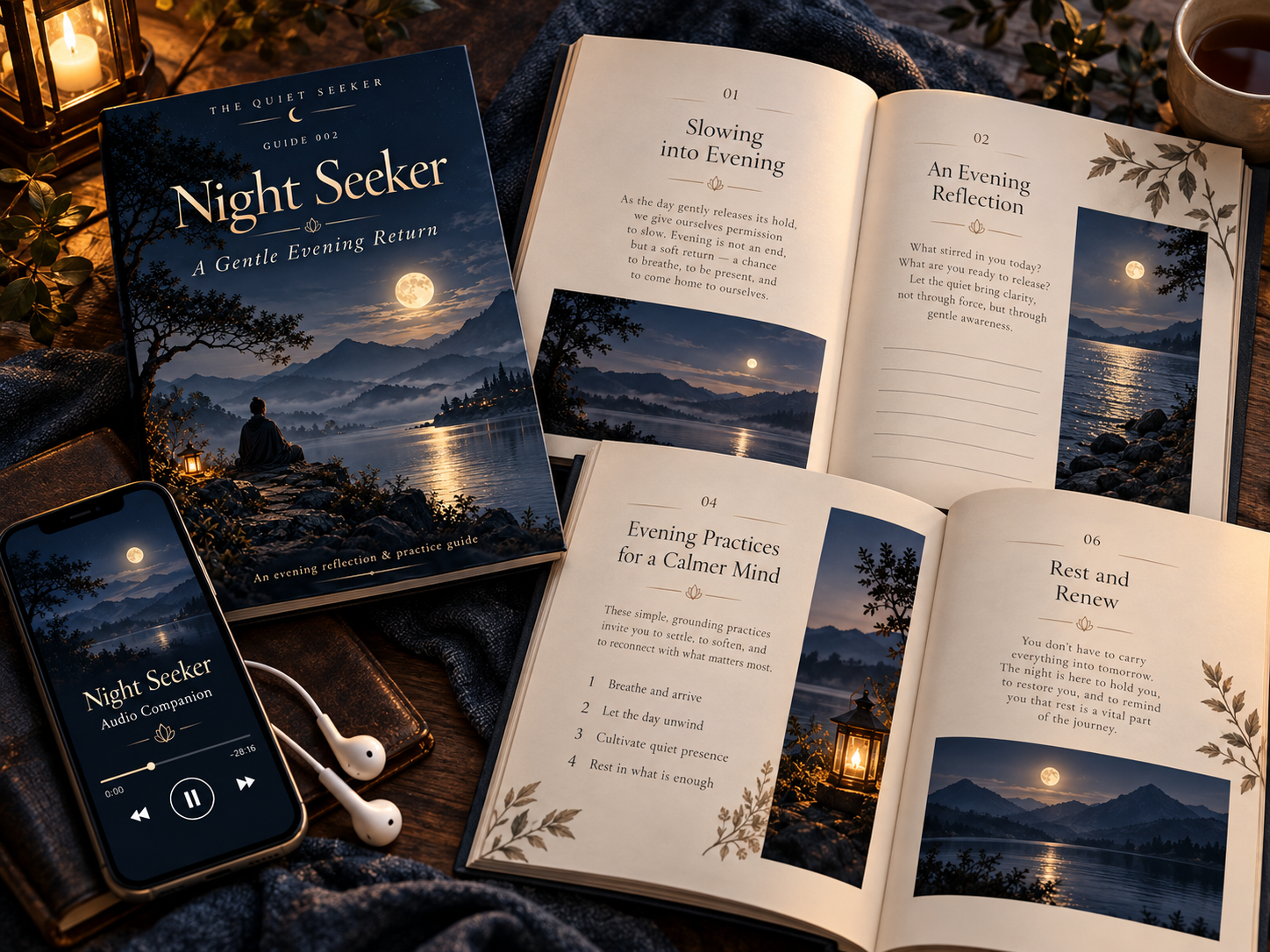 Night Seeker meditation and reflection pages with a guided audio companion, presented in a peaceful moonlit setting.