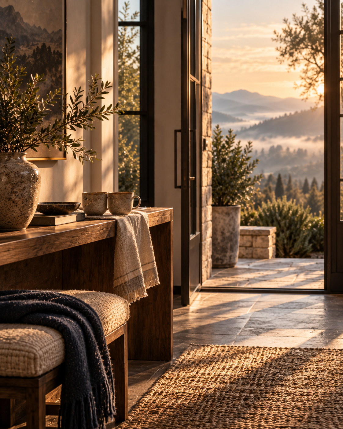 A warm open doorway leading toward a misty mountain landscape, with a wooden console, ceramic cups, and soft golden morning light creating a quiet sense of welcome.