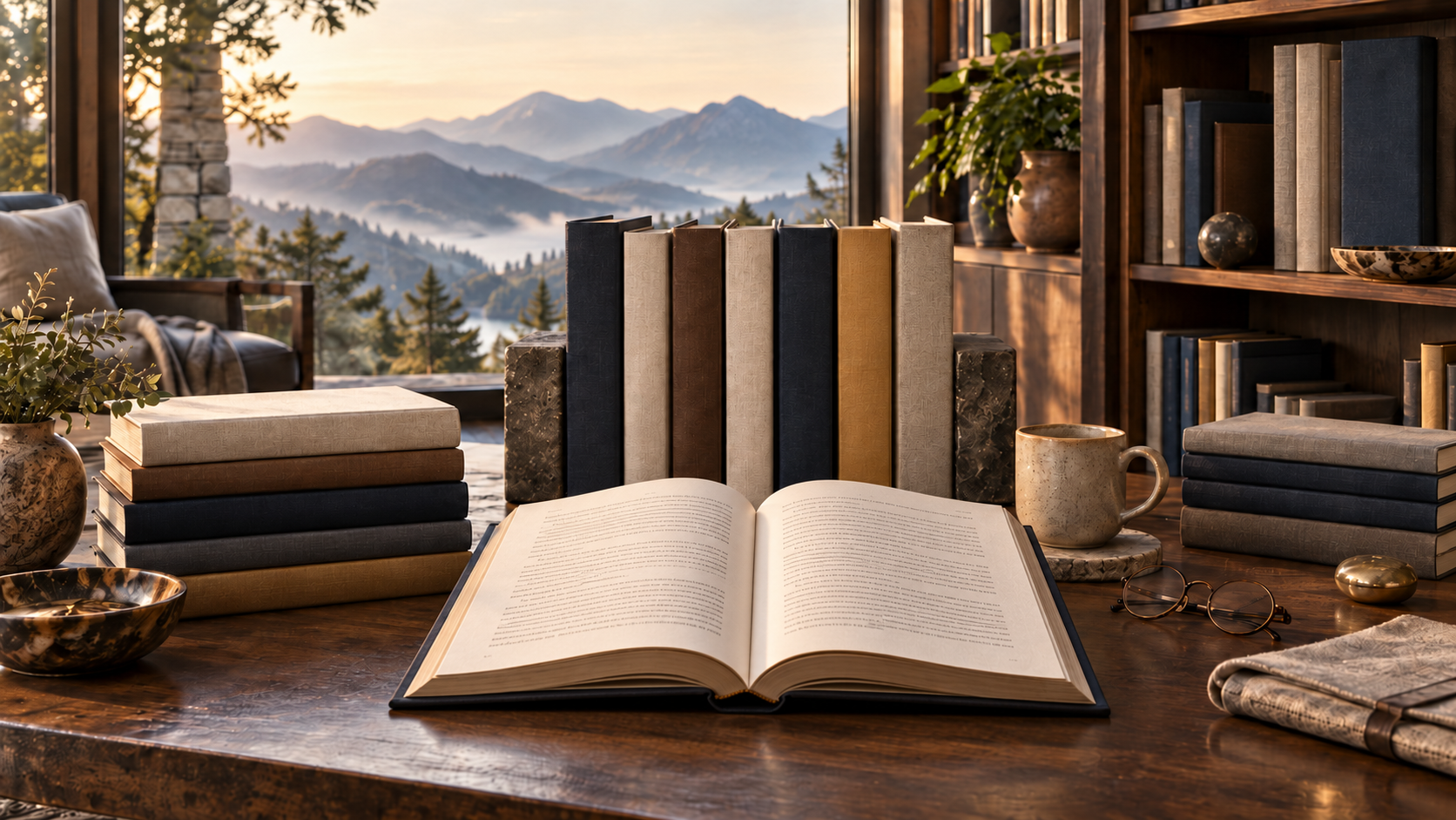 A refined private library with carefully arranged bound books, an open volume, reading glasses, and a ceramic cup overlooking misty mountains in warm morning light.