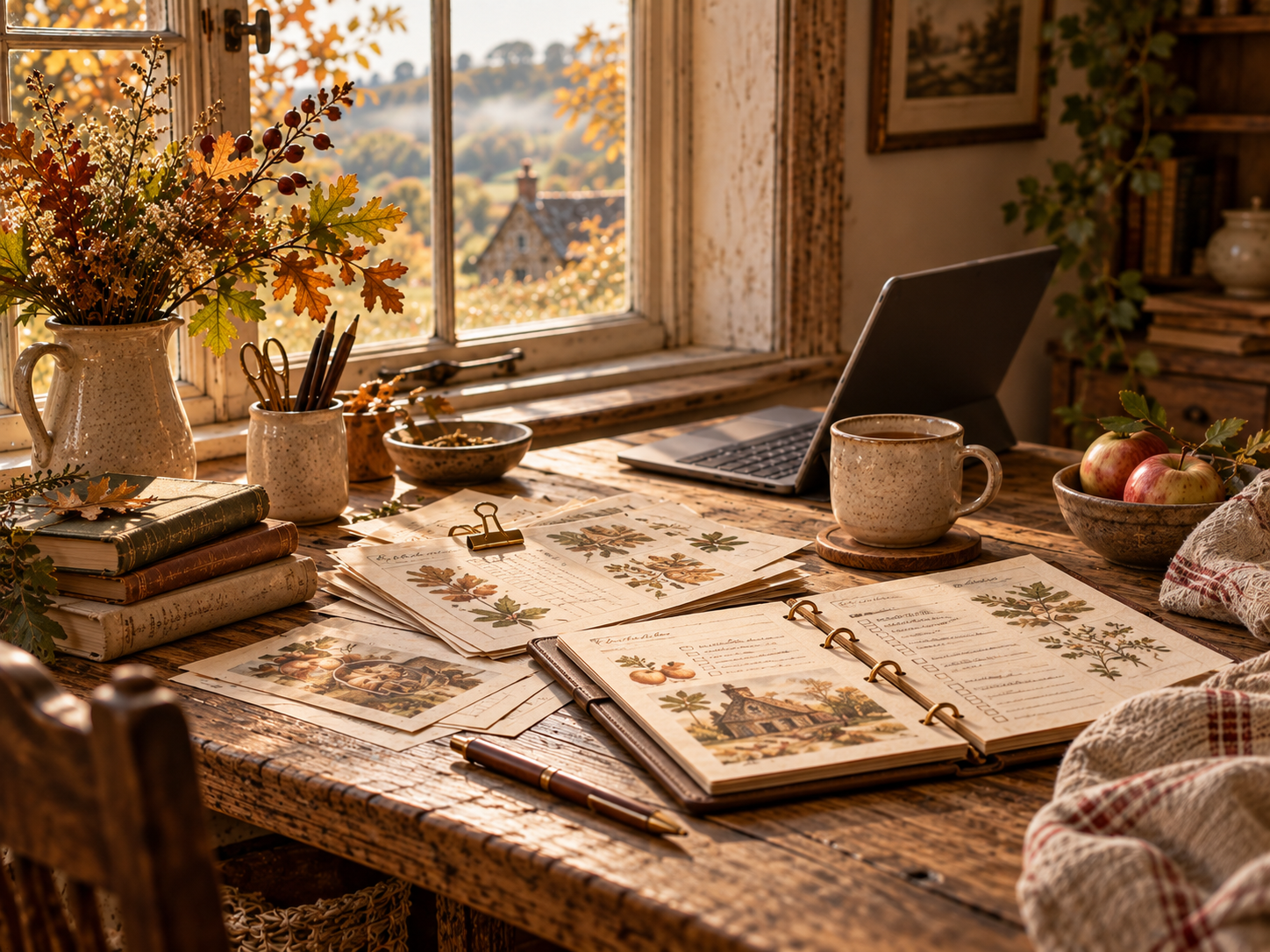 Cozy cottage workspace with printable recipe pages, notebook, laptop, ceramic mug, and autumn details arranged on a rustic wooden table in warm natural light.