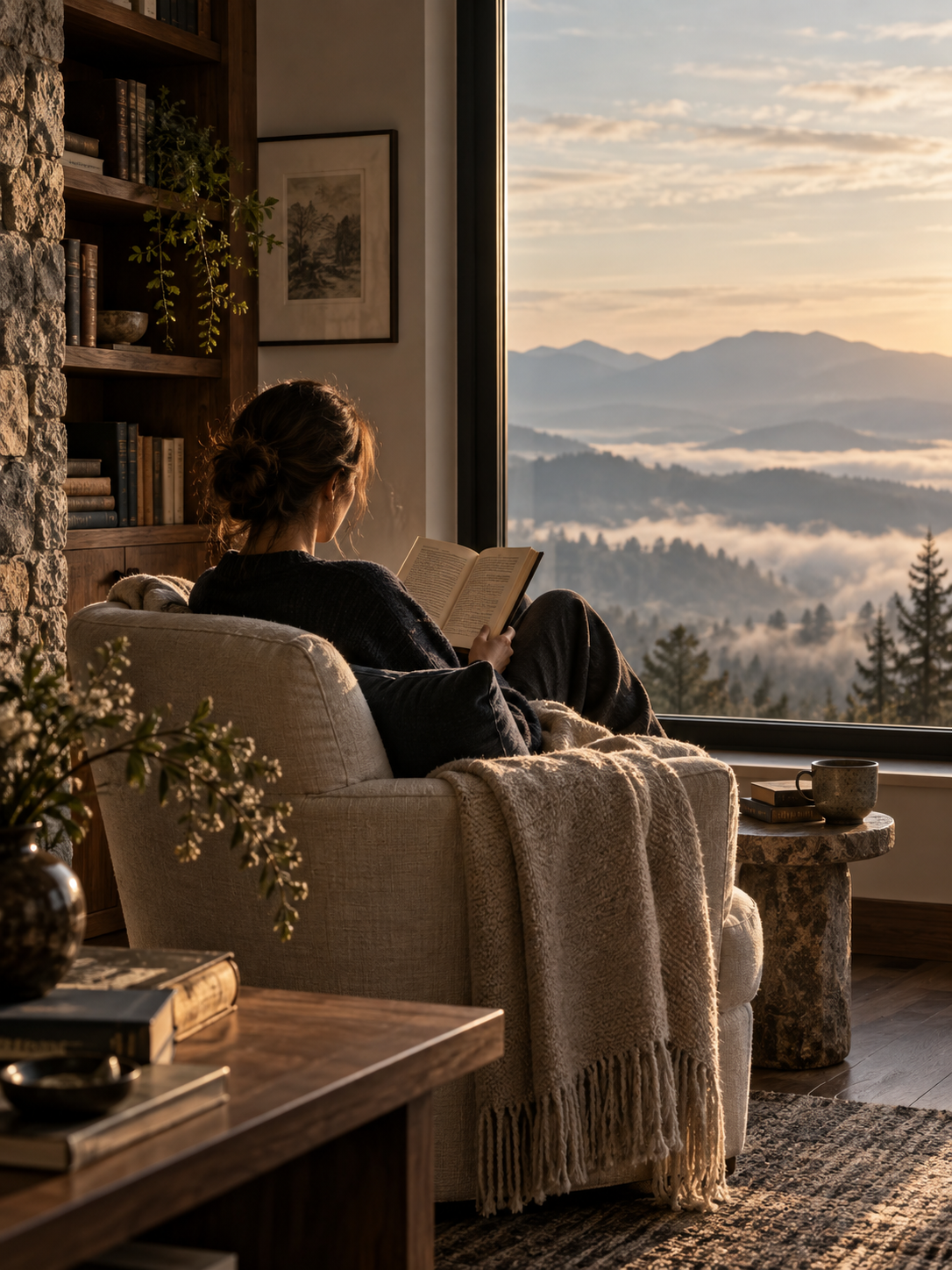 A woman reading quietly beside a large window overlooking misty mountains, surrounded by books, warm wood, soft textiles, and gentle morning light.