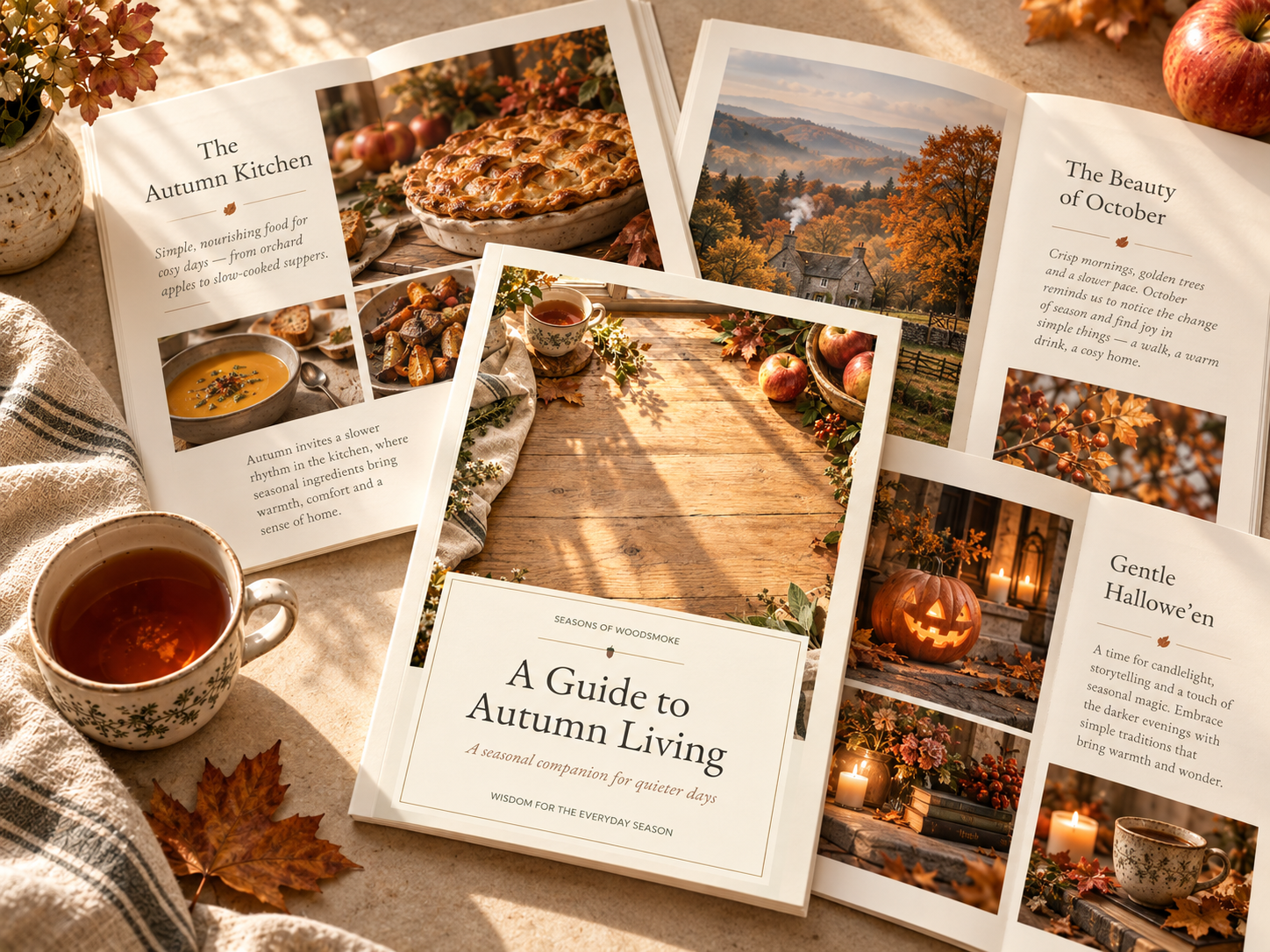 Autumn-inspired editorial arrangement celebrating seasonal living, featuring beautifully illustrated guide pages, cosy countryside details and warm botanical accents in muted autumn tones.