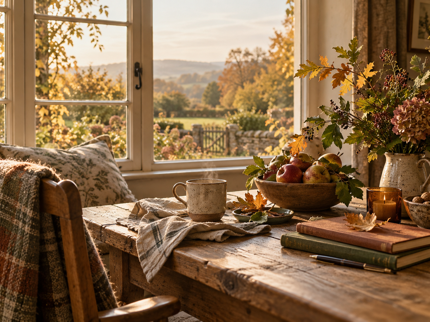 Warm early-autumn cottage interior with apples, a ceramic cup, folded linen, and soft golden light beside a window overlooking a quiet orchard landscape.