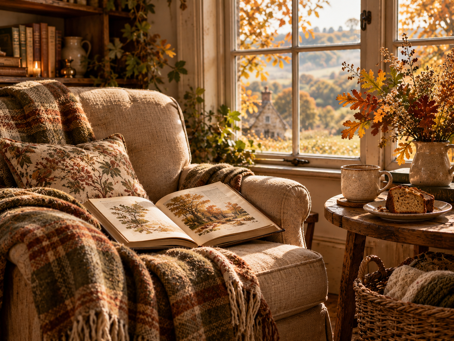 Cozy autumn cottage reading nook with a clothbound seasonal guide, ceramic mug, folded blanket, and warm natural light beside a window overlooking the countryside.