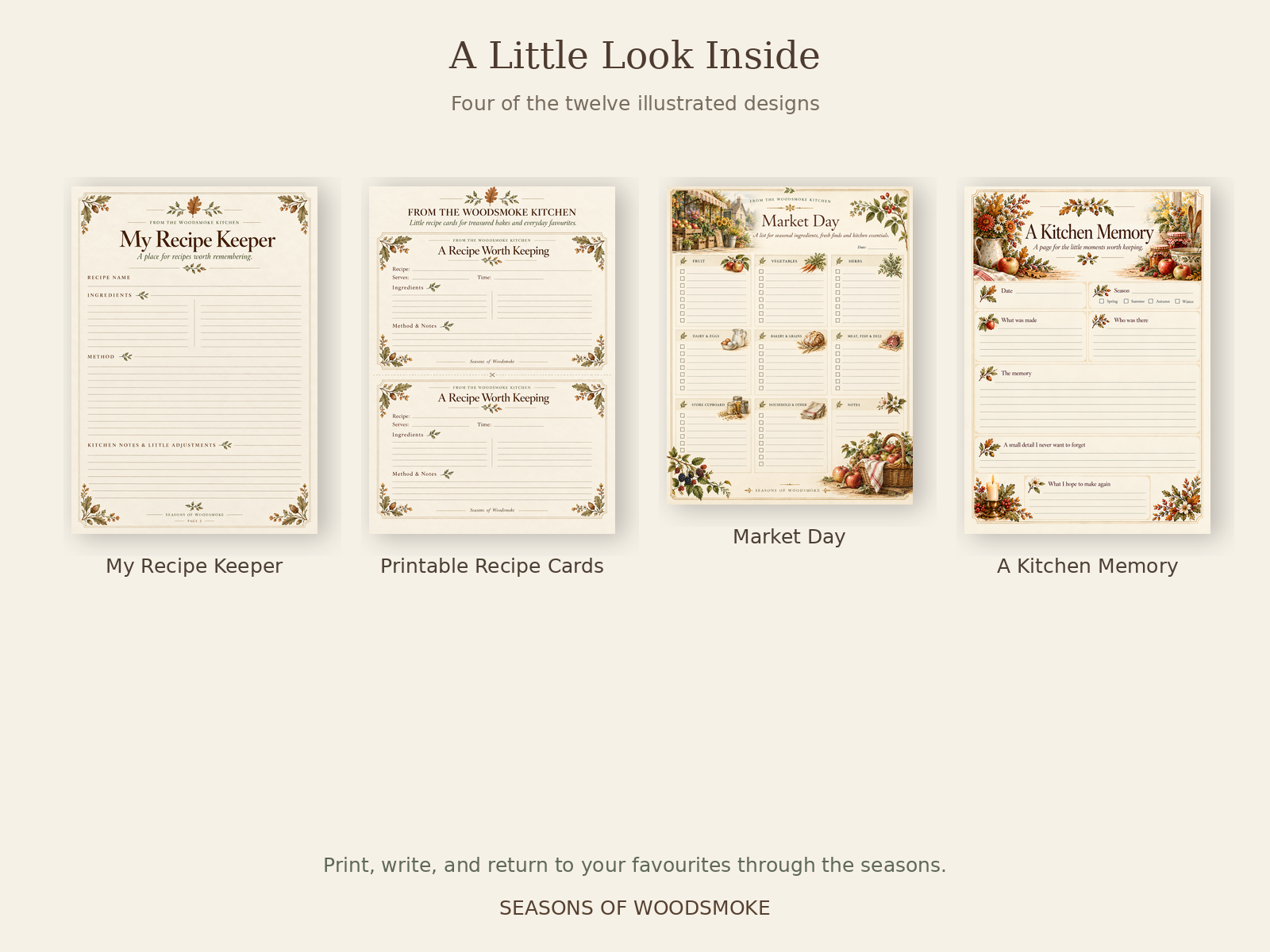 Preview of the Woodsmoke printable collection, featuring illustrated recipe templates, kitchen planners and seasonal notes with botanical details and warm ivory stationery.