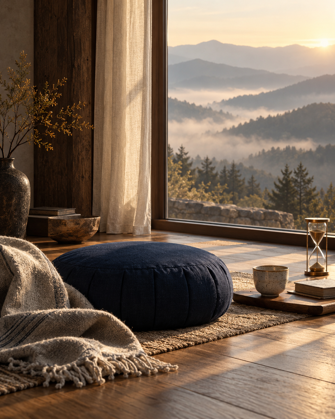 A deep navy meditation cushion beside a mountain window, with a folded textile, ceramic cup, and hourglass in soft golden morning light.