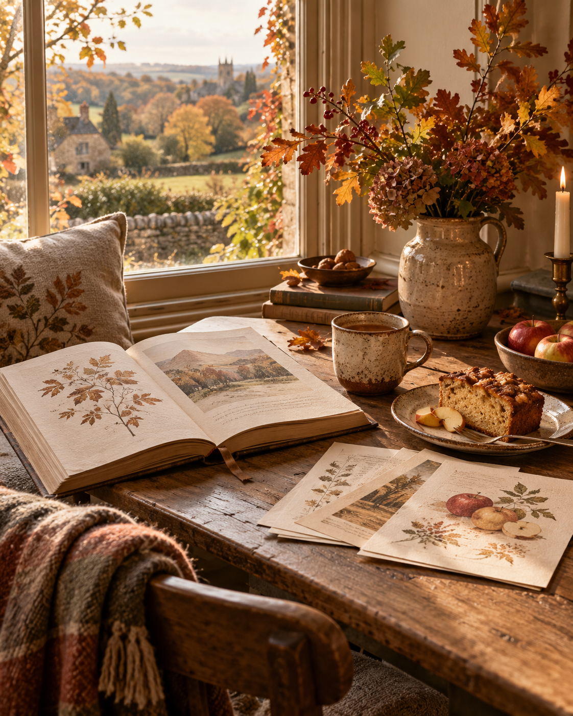 Cozy autumn cottage reading nook with an armchair, folded blanket, books, and warm natural light, evoking seasonal living and quiet moments at home.