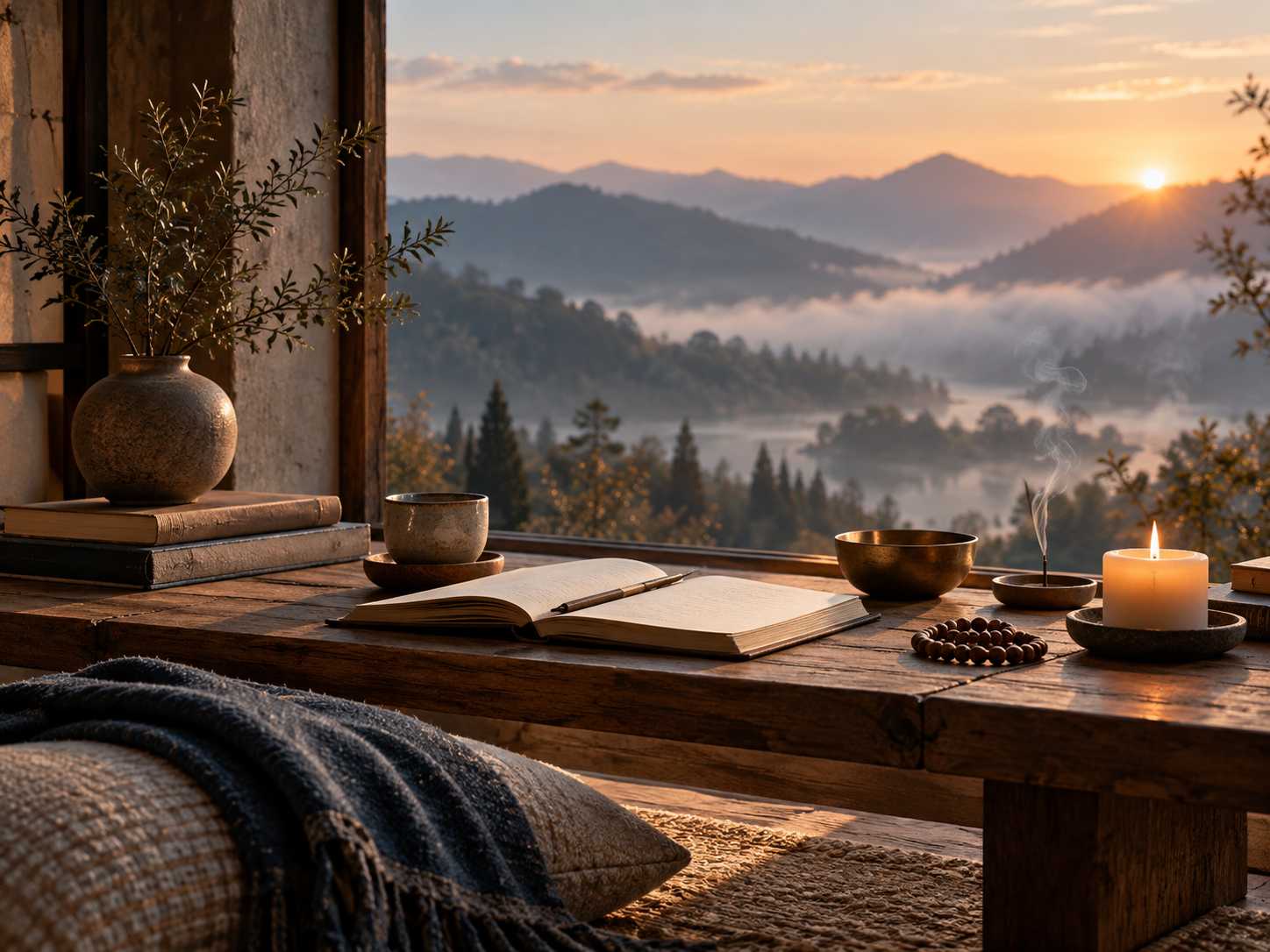 Serene meditation nook with floor cushion, journal, warm candlelight, and a misty sunrise mountain view, reflecting stillness and inward reflection.