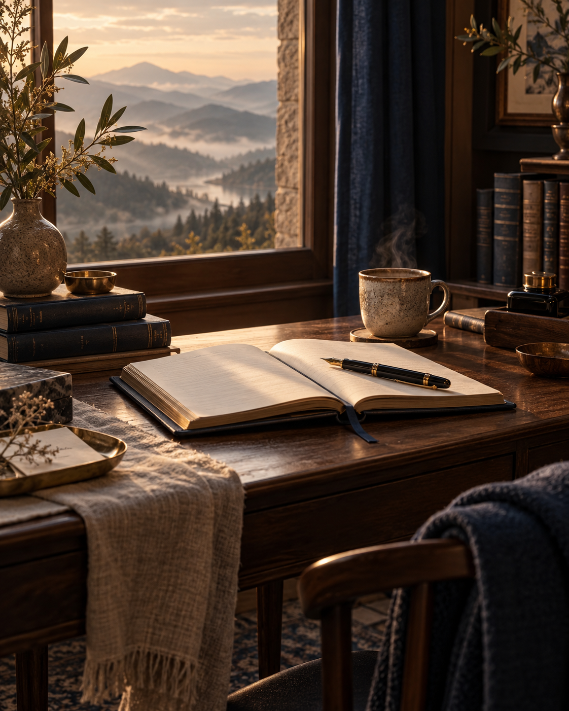 A quiet writing desk beside a mountain window, with an open journal, books, a warm cup, and soft morning light overlooking misty peaks.