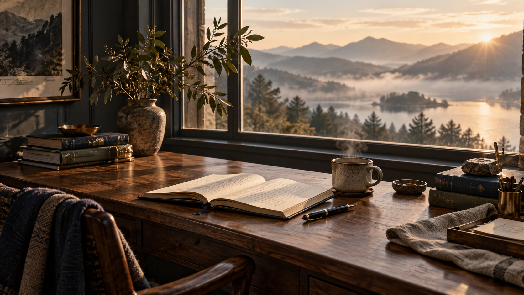 A quiet writing desk beside a wide mountain window, with an open journal, fountain pen, books, and a warm cup overlooking mist-filled valleys in morning light.