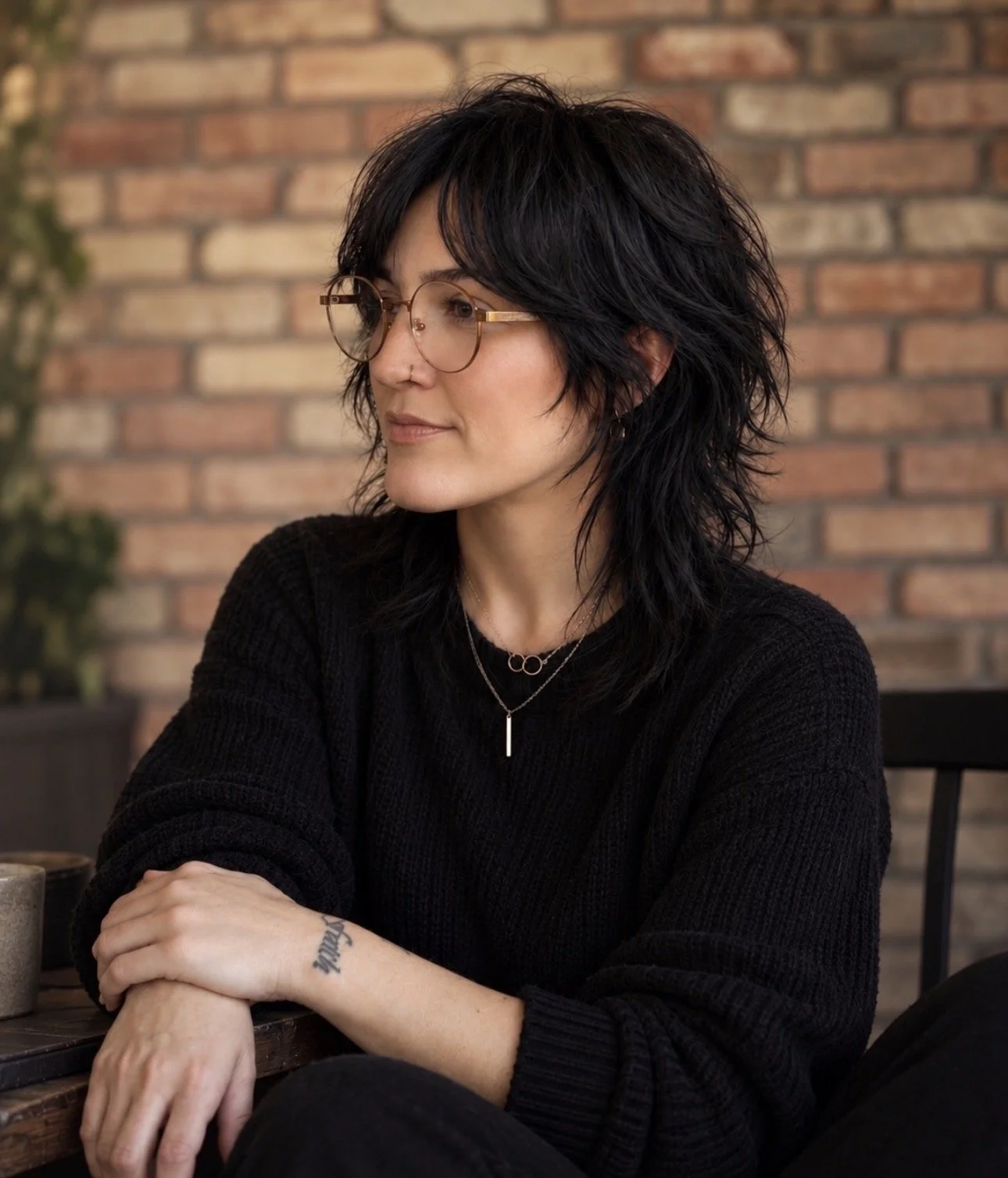 A woman with black, messy, shoulder-length hair and glasses, sitting at a table in front of a brick wall.