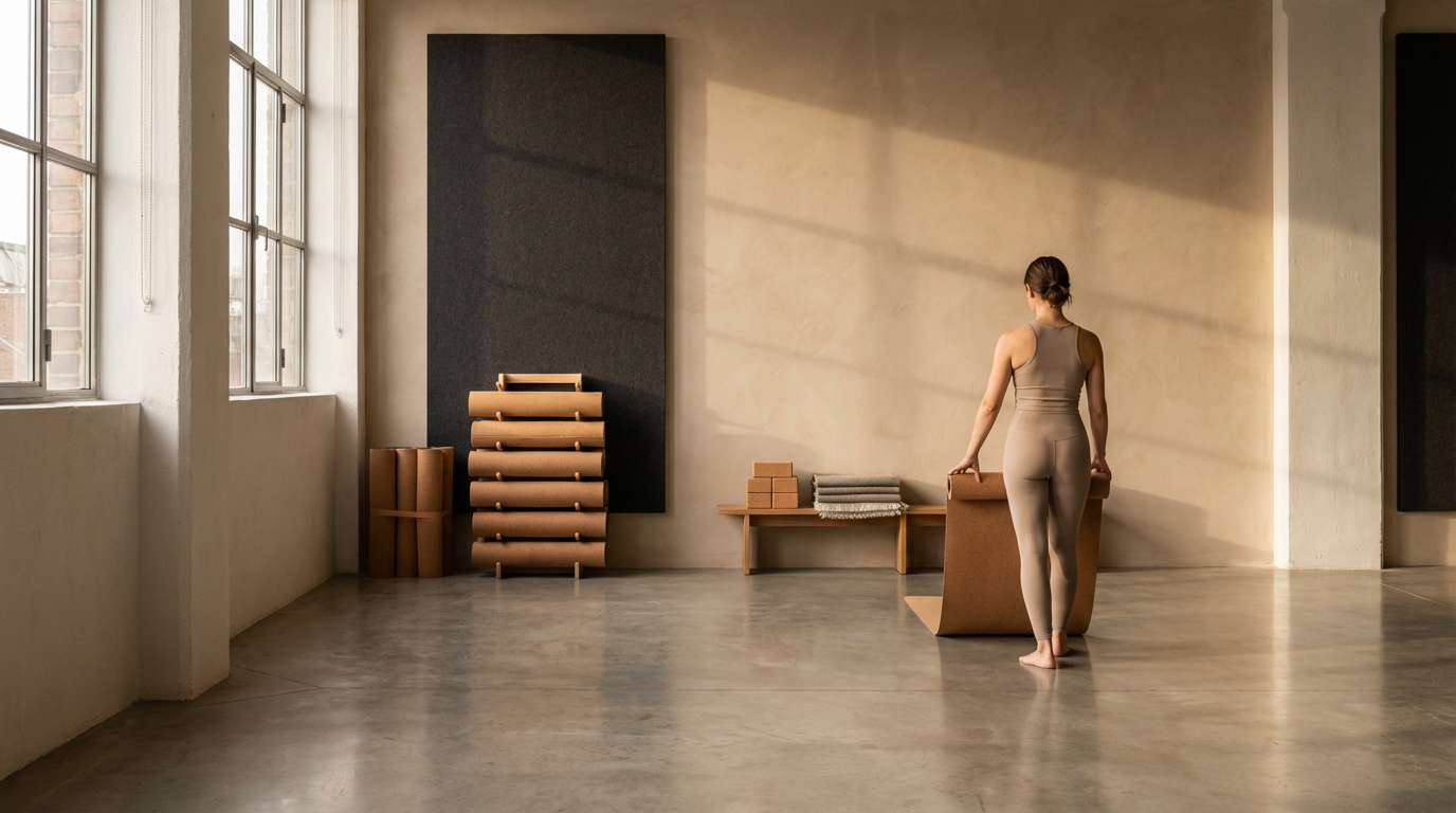 A woman in workout clothes standing in a minimalist yoga studio, holding a yoga block, with exercise mats and foam rollers stored on shelves.