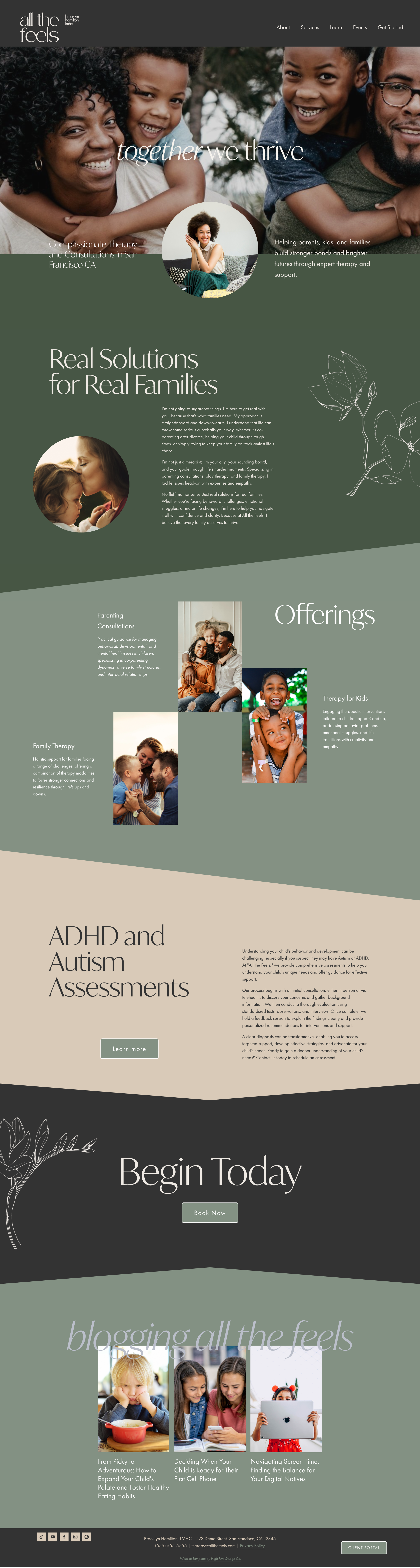 All the Feels is a calming, inviting website template for therapists and coaches. Its thoughtful design, moody color palette, and personal touches help clients feel grounded and ready to explore your private practice offerings.
