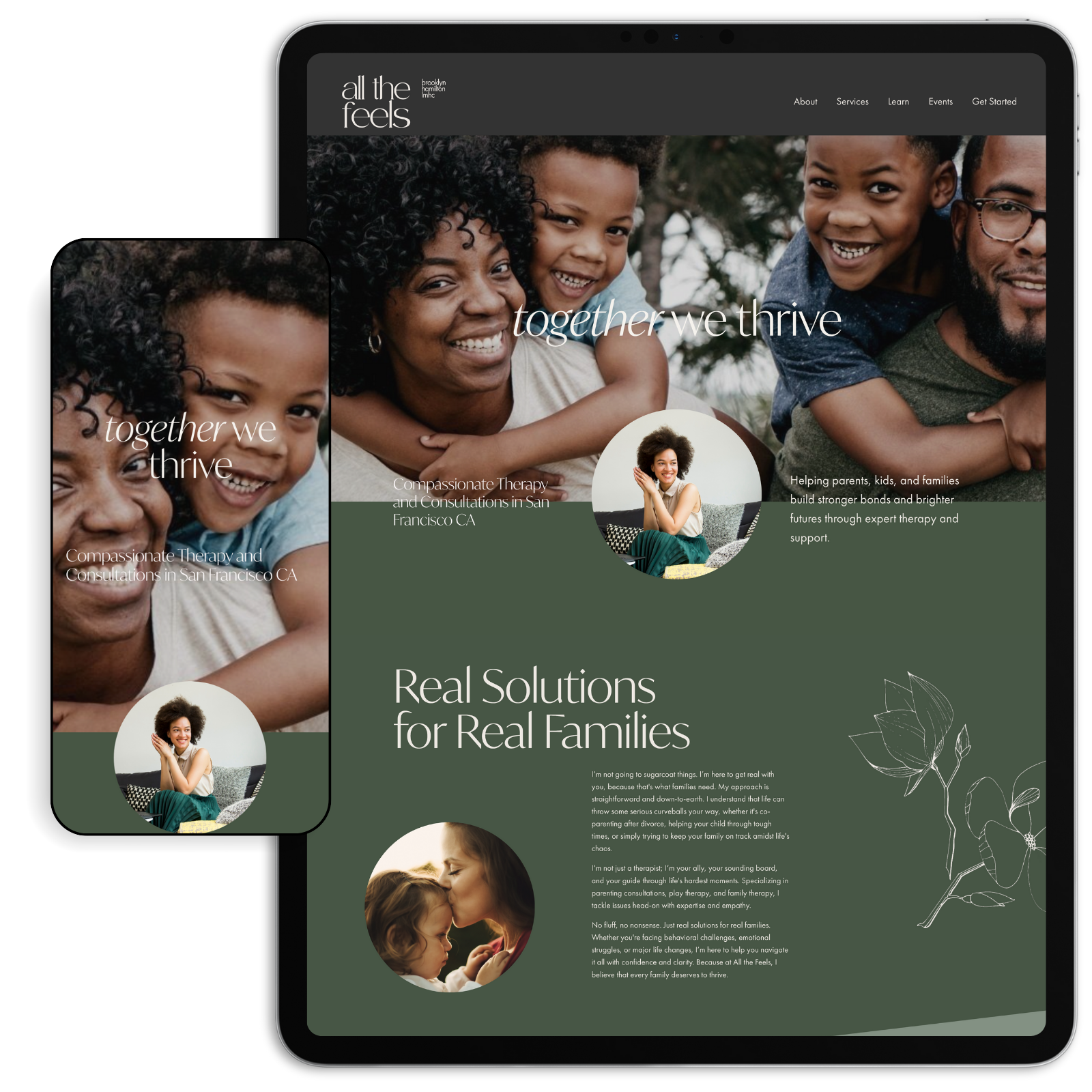 Welcome clients to your private practice with All the Feels, a peaceful Squarespace template for therapists and coaches. The moody tones, nature accents, and minimalist visuals create an inviting, supportive space for clients.