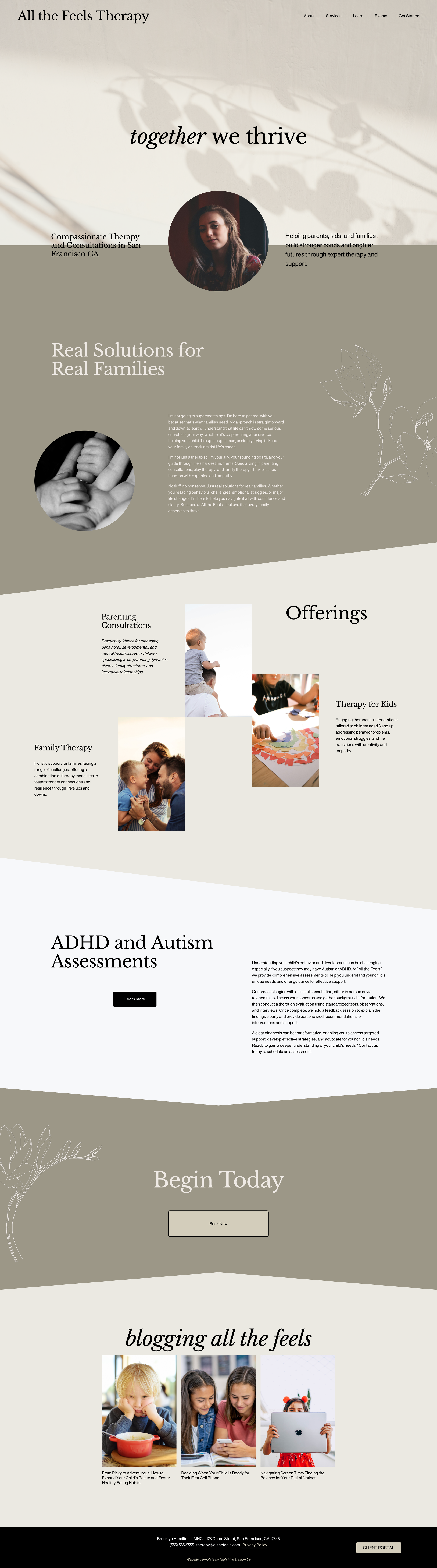 Website screenshot of "All the Feels Therapy" offering therapy services, parenting consultations, family therapy, ADHD and autism assessments. Includes images of families and children, and sections for blog posts and booking appointments.