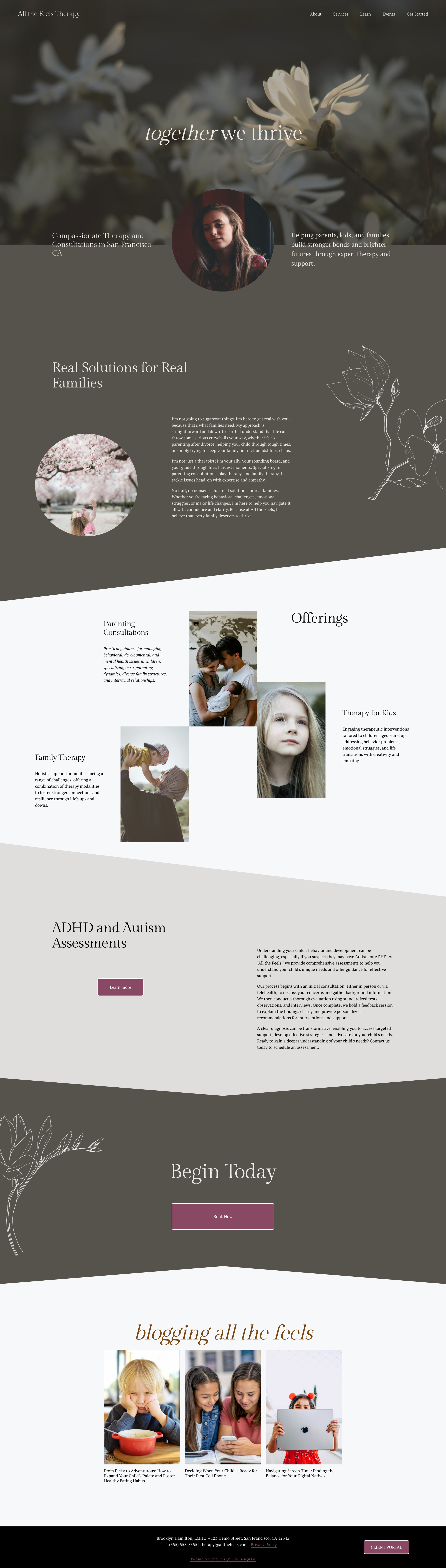 Therapy service website with floral background, portrait of a woman, service descriptions, offerings in family therapy, ADHD and autism assessments, and blog section. Emphasis on supportive therapy for families in San Francisco, CA.