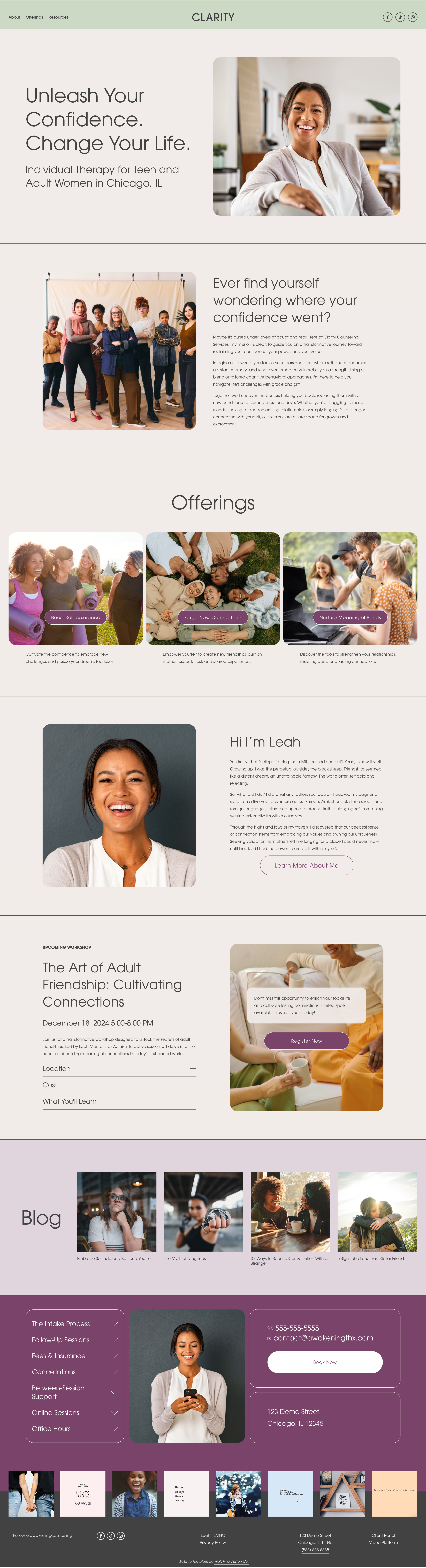 Clarity is a bright, uplifting website template for therapists and coaches. Its soothing colors and modern, spacious layout create an inviting atmosphere, helping your private practice connect with clients effortlessly.