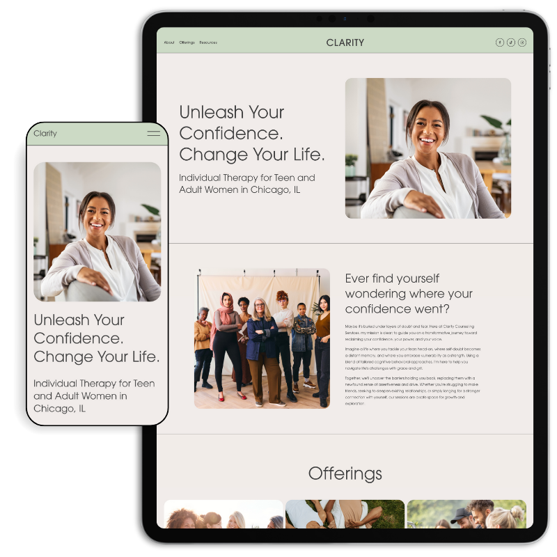 Clarity offers a bright, refreshing design for therapists and coaches. Its soft colors, clean lines, and welcoming layout make it easy for potential clients to navigate your website and connect with your practice.