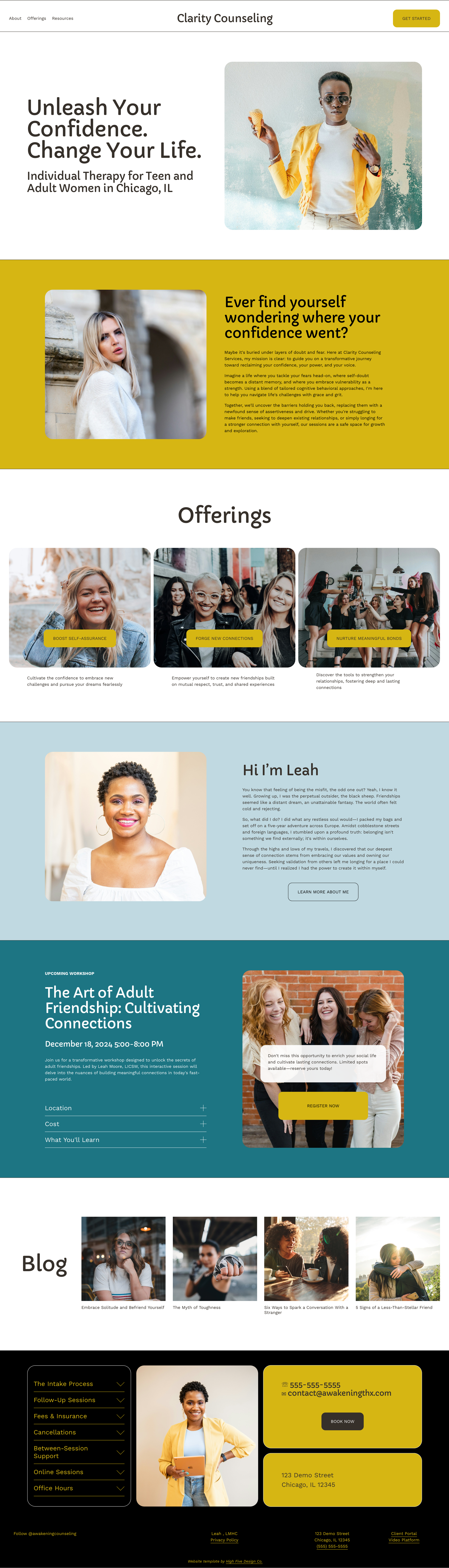 Homepage of Clarity Counseling displaying information on individual therapy for teen and adult women in Chicago. Includes sections on offerings, a blog, contact details, and an upcoming workshop on adult friendships. Features images of diverse women, promoting empowerment and self-confidence.