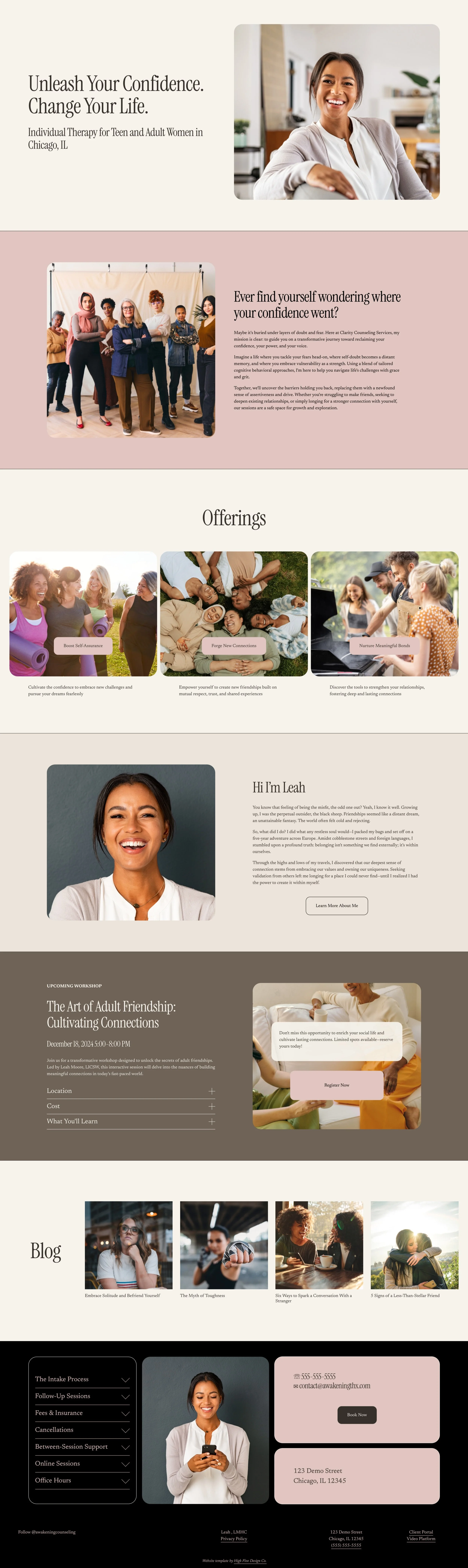 Therapist website layout showcasing individual and group therapy services for teen and adult women in Chicago, IL. Includes sections on offerings, therapist introduction, upcoming workshop, and blog posts. Features images of diverse groups and a smiling therapist. Contact info and booking options provided.